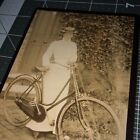 1880s Woman W  Bicycle Bike Lady Hat Antique Cabinet Photo