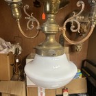 Antique Vintage Art Deco Fixture Ceiling Brass Hanging Light Milk Glass Lamp