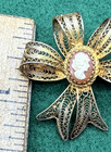Carved Cameo Antique 800 Silver Gold Wash Puffed Filigree Design Bow Brooch Pin