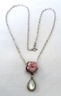 Designer Cy Carved Pink Rose Quartz Flowere Mop Sterling Silver Pendant Necklace