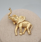 Vtg Napier Elephant Brooch Good Luck Trunk Up Crystal Eye Brushed Gold Plate