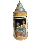 Vintage West German Beer Stein Lidded Ceramic Relief Tavern Scene 7 