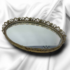 Vintage Gold Tone Roses Floral Oval Ormolu Mirror Vanity Dresser Tray 13 5 X 9 5