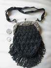 Antique Art Nouveau Silver Floral Frame Beaded Ribbon Crochet Black Bead Purse