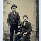 Antique Tintype Photograph Handsome Men Father   Grown Son Great Attire Backdrop