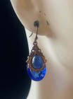 Blue Art Nouveau Earrings Brass Filigrees W  Antique Czech Glass 1 3 8    Long