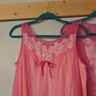 2pc Vtg  Rare Pink   Chiffon Nylon Flowers Lace Babydoll Gown Set Peignoir Large