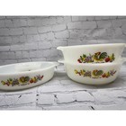 Fire   king Milk Glass Bowl And Baking Dish Set     Rooster   Fruit Pattern Vintage