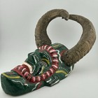 Guatemala Diablo Devil Dance Mask Carved Wood Goat Horn Green Folk Art 1970s Vtg