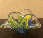 Murano Art Glass Napkin Or Letter Holder Yellow   Blue Swirl Made In Italy