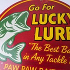 Vintage Lucky Lures Sign - Fishing Paw Paw Tackle Box Gas Porcelain Sign