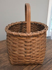 Antique Splint Woven Ash Gathering Basket W  Carved Square Bentwood Handle