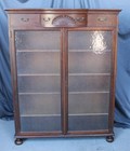 Antique Oak Bookcase     Drawers On Top     Unusual Double Glass Doors