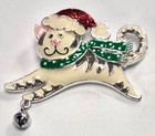 Estate Christmas Kitty Cat With Jingle Bell Dangle Enamel Holiday Pin   Brooch