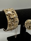Vintage Gold Tone Repouss   Clamper Bracelet   Clip Earrings Set Floral Ornate