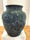 Antique vintage Japanese Bronze Drip 7 Inch Vase W  Itched Images   Patina