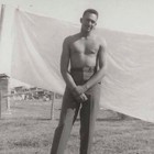 Vintage Snapshot Photo Shirtless Man Posing Outdoor Laundry Line Sheet Backdrop