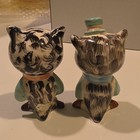Vintage Ceramic Owl Salt   Pepper Shakers Set Rhinestone Eyes Black   White