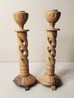 Pair Of Vintage Carved Wood Taper Candle Holders Open Barley Twist Design Footed