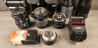 Vintage Camera Lens And Lights Lot Untested Minolta  Albinar  Vivitar As Is