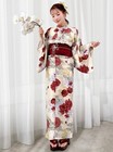 Japanese Summer Kimono Yukata Watercolor Redfloral Pattern Yukata Obi Set Womens