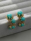 A Pair Of Vintage Elegant Turquoise Beaded Flower Hoop 18k Yellow Gold Over