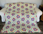 Vintage 1940   s Quilt Top Grandmothers Flower Garden Cotton Feedsack Fabric 70x90