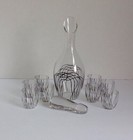 Vintage Decanter Set Retro 1960s 70s Black Swirls Decanter W stopper   8 Glasses