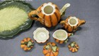 Boston Warehouse Ceramic Pumpkin Tea Set With Leaf Tray  7 Piece Autumn Teapot S