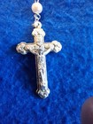 Vintage Catholic Religious 16    Pearl  Rosary Beads Crucifix Marked Italy W bag 