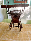 Antique Wicker And Metal Baby Doll Carriage Stroller Wooden Wheels