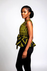 Handmade Peplum Ankara Blouse Women   s Size 10 Black Yellow African Print Top Nwt