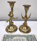 Set Of 2 Small Antique Solid Brass Candleholders Angel toddler Art Nouveau Style