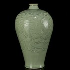 9 4  A Pair Chinese Celadon Glaze Porcelain Carved Exquisite Dragon Vase 