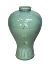 Vintage Ceramic Celadon Glaze Vase Inlaid Clouds   Cranes Pattern 8 75 Inches