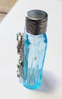 Vintage Czeck Miniature Glass Perfume Bottle Blue   Silvertone W   Rhinestones 