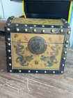 Antique Chinese Tibetan Dragon Brocade Leather Wood Chest Brass Studded Trunk