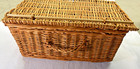Wicker Storage Basket Hinged Lid Large Rectangular Handled Rustic Woven Vintage