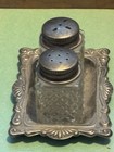 Vintage Silver Plated Mini Cut Glass Salt   Pepper Shakers With Silver Tray