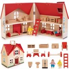 Foldable Wooden Dollhouse 4 Rooms 13 Furniture Pieces 2 Dolls Portable Handle