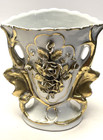 Vintage White Porcelain Floral Vase Gold Trim Roses 5  Tall