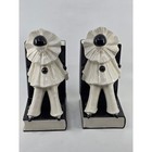 Vintage Art Deco Pierrot Clown Ceramic Bookends Black White Harlequin Mime Pair