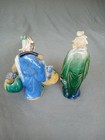 Two Antique Vintage Chinese Mud Men Figurines Blue   Green Very Old