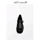 Massimo Dutti Women s Shoes 2024 Square Toe Vintage Loafers Leather Shoes Black