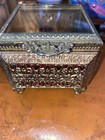 Vtg Hollywood Regency Gold Filigree Beveled Glass Trinket Box  Brass Footed C