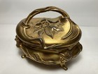 Antique Art Nouveau Jewelry Trinket Box Gold Metal Footed Rogers Flower