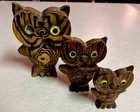 Vintage Mid Century Japanese Cryptomeria Wood Owl Family - Signed Set Of 3