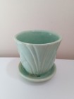 Leaf  Pattern Pottery Celery Green Planter Flower Pot With Tray  Small Vintage