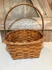 Vintage Handmade Wood Splint Gathering Basket Signed J8 Bentwood Handle Rustic