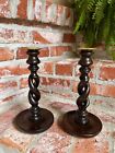 Pair Set Antique English Oak Open Barley Twist Candlesticks Candle Holder Brass